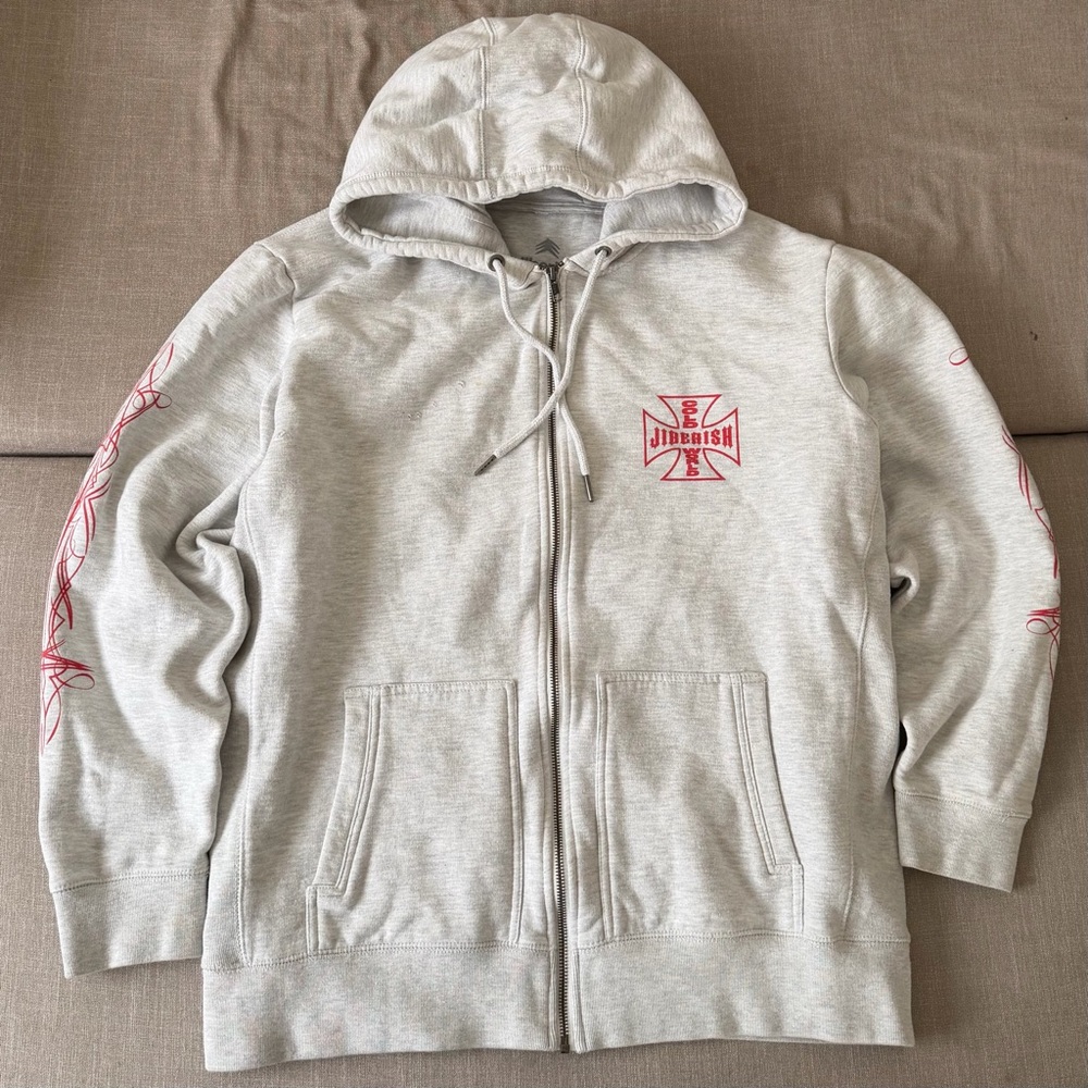 Jiberish Zip Hoodie Gray Iron Cross Y2K Streetwear Skate Full Zip